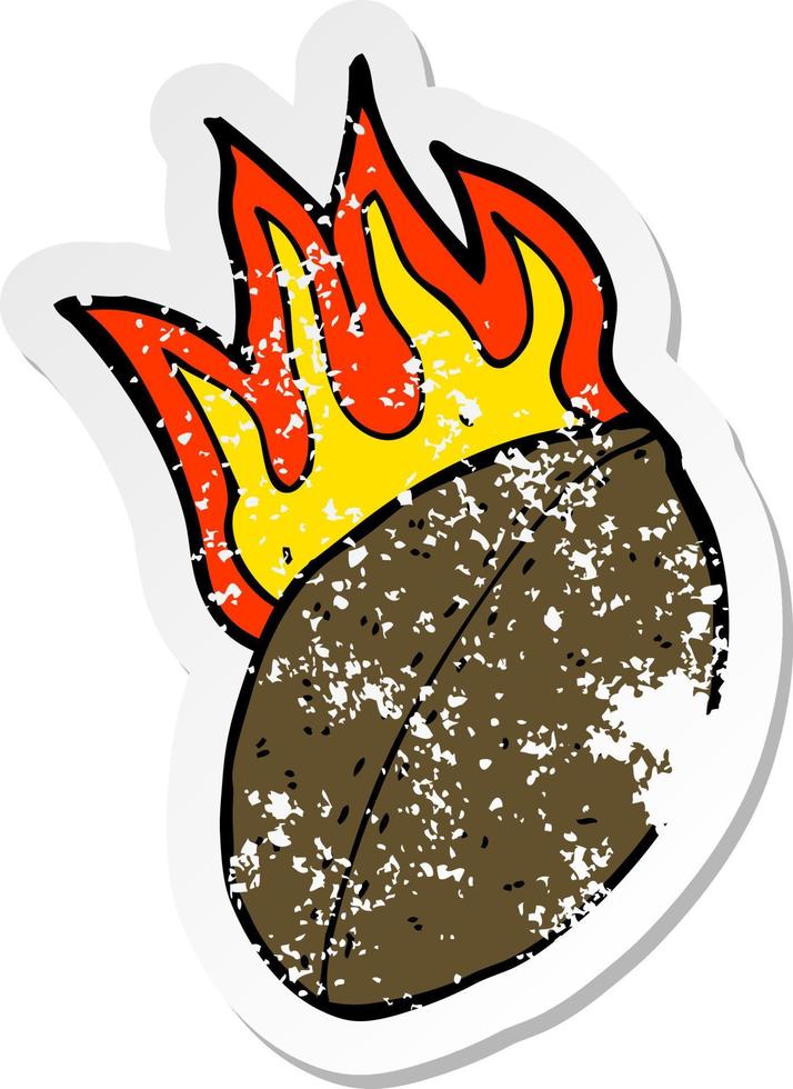 retro distressed sticker of a cartoon flaming football vector