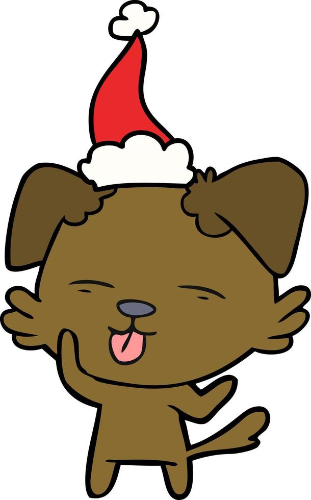 dibujo lineal de un perro sacando la lengua con sombrero de santa vector