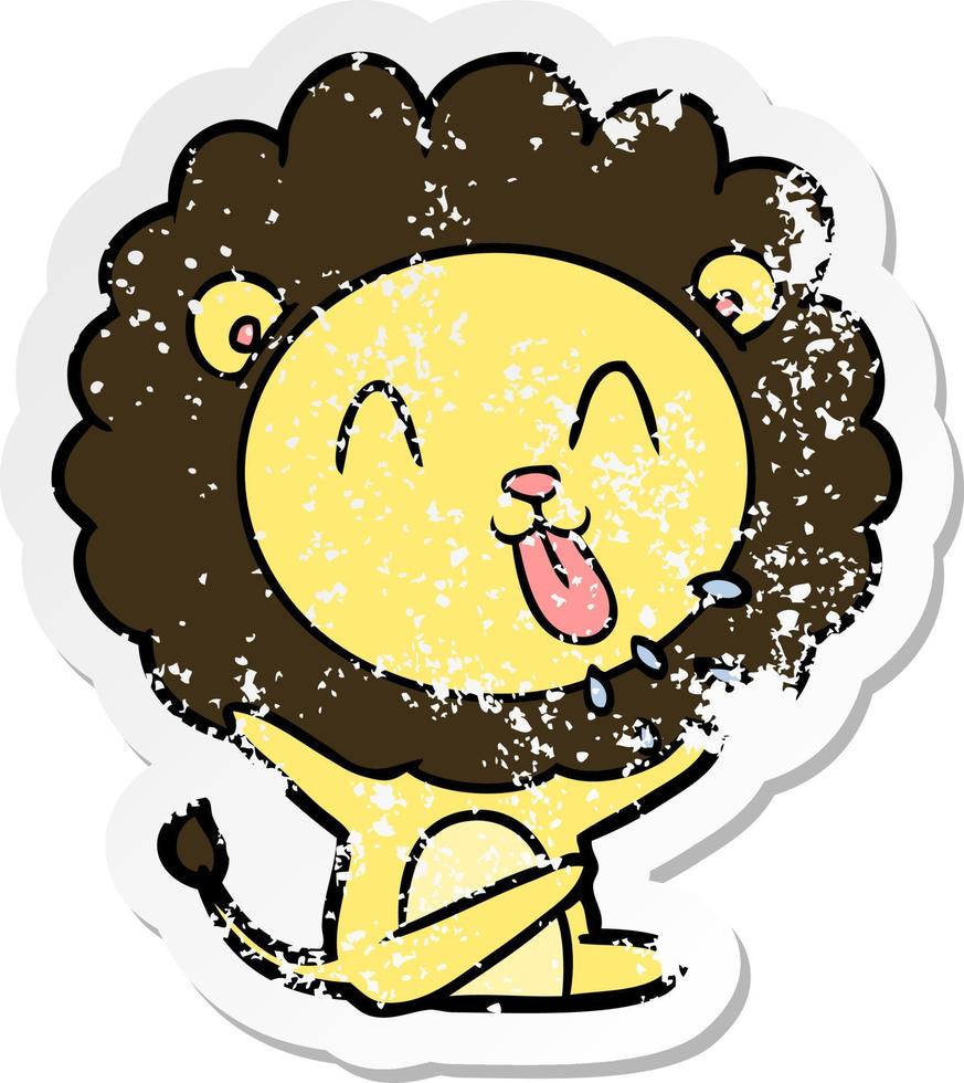 distressed sticker of a happy cartoon lion vector