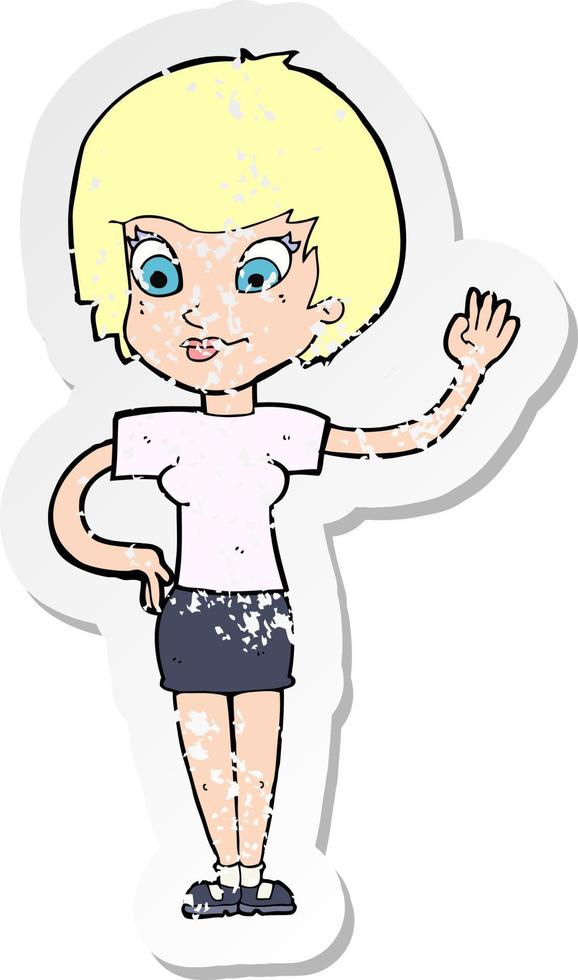 retro distressed sticker of a cartoon woman waving vector