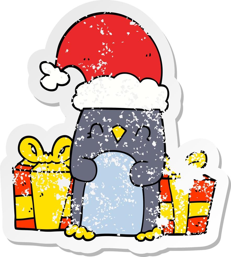 pegatina angustiada de un lindo pingüino navideño vector