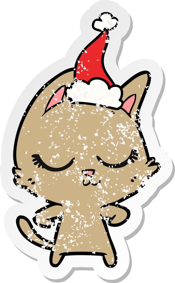 calm distressed sticker cartoon of a cat wearing santa hat vector