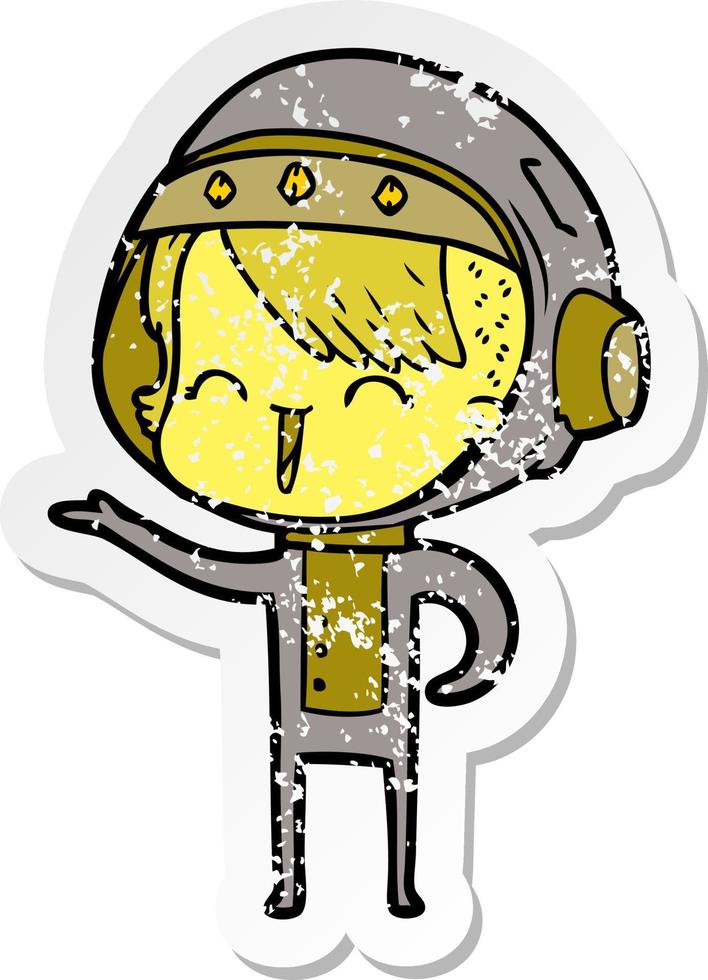 distressed sticker of a happy cartoon space girl vector