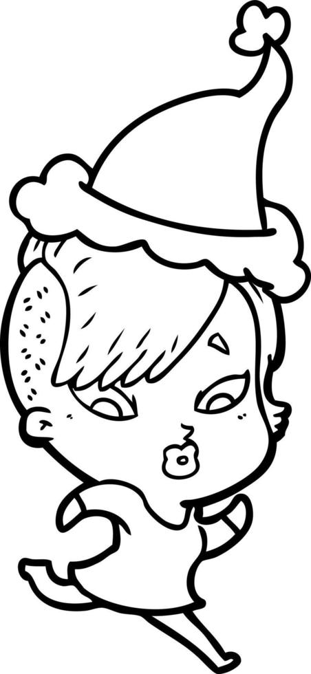 line drawing of a surprised girl wearing santa hat vector