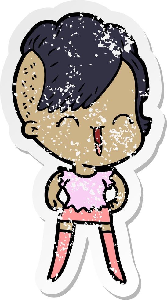 distressed sticker of a cartoon happy hipster girl vector