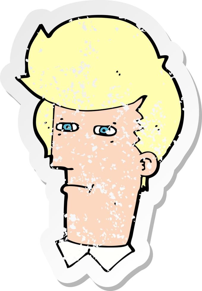 retro distressed sticker of a cartoon man narrowing eyes vector