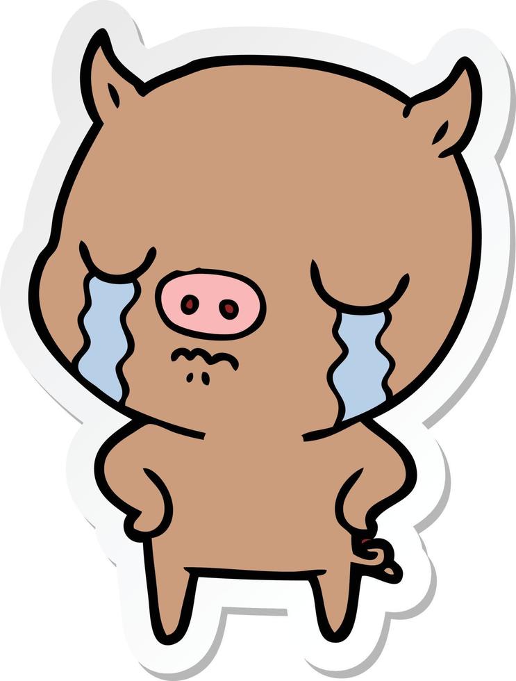 sticker of a cartoon pig crying with hands on hips vector