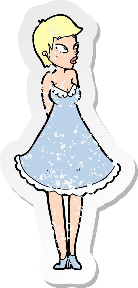 retro distressed sticker of a cartoon pretty woman in dress vector