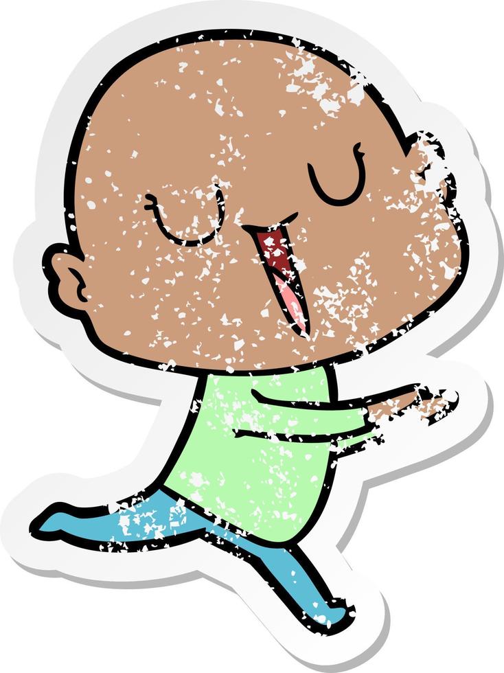 distressed sticker of a happy cartoon bald man vector