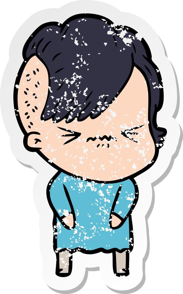 distressed sticker of a cartoon annoyed hipster girl vector
