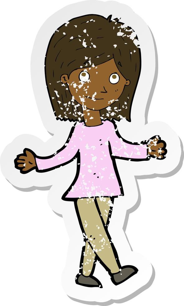 retro distressed sticker of a cartoon woman with no worries vector