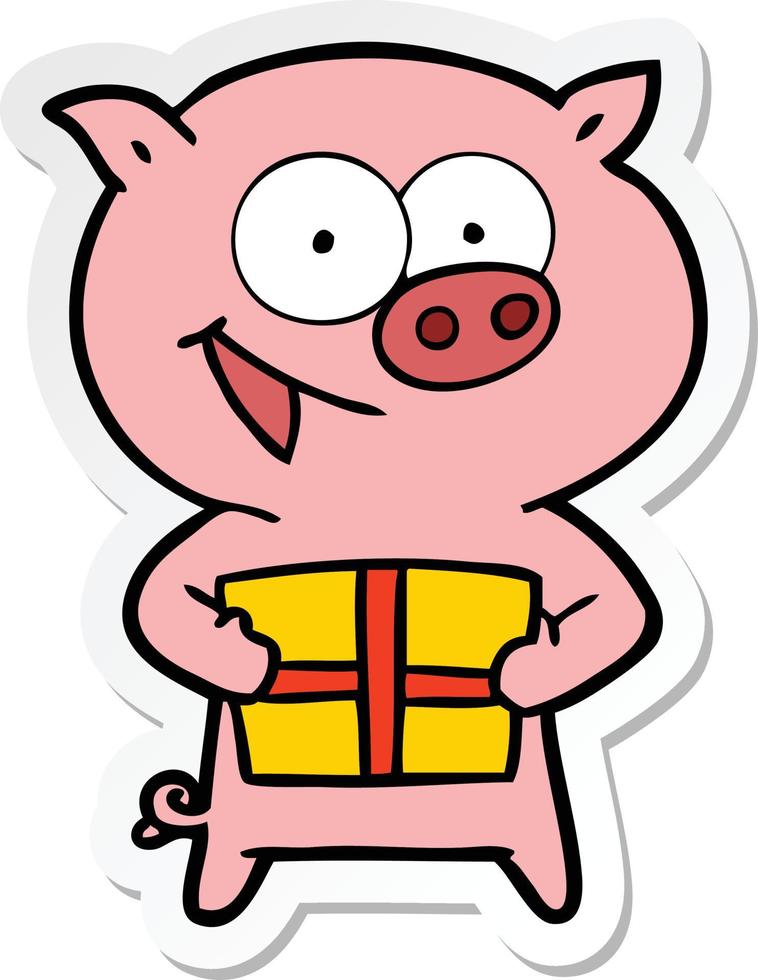 sticker of a cheerful pig with christmas gift vector