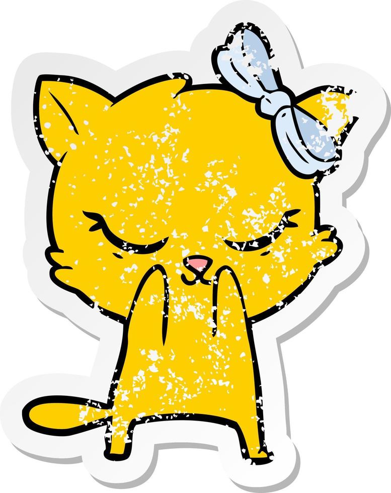 distressed sticker of a cute cartoon cat with bow vector