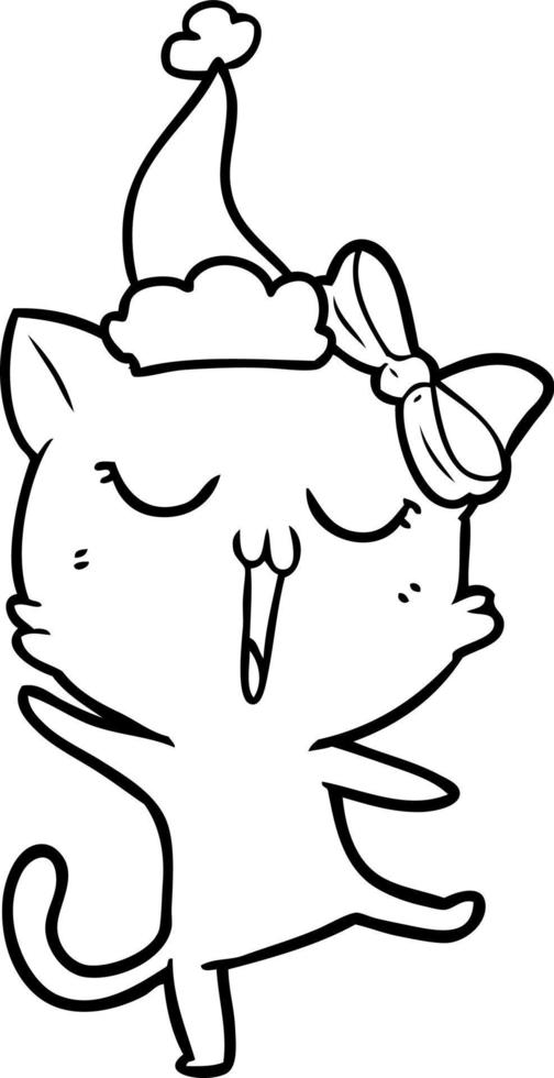 line drawing of a cat wearing santa hat vector