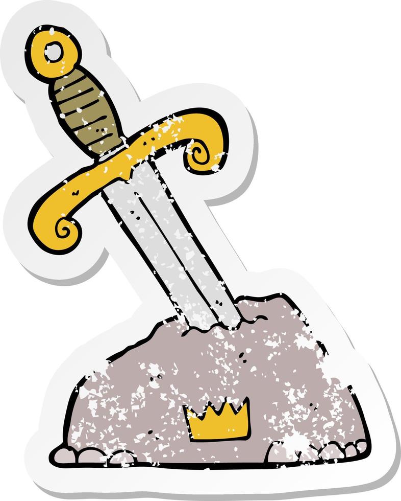 retro distressed sticker of a cartoon sword in stone vector