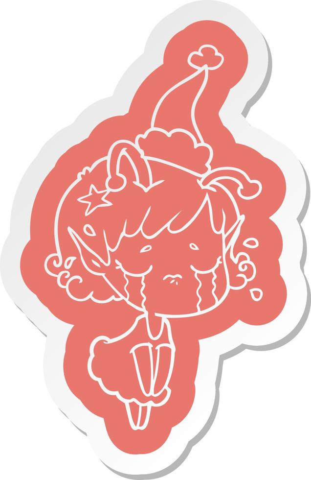 cartoon  sticker of a crying alien girl wearing santa hat vector