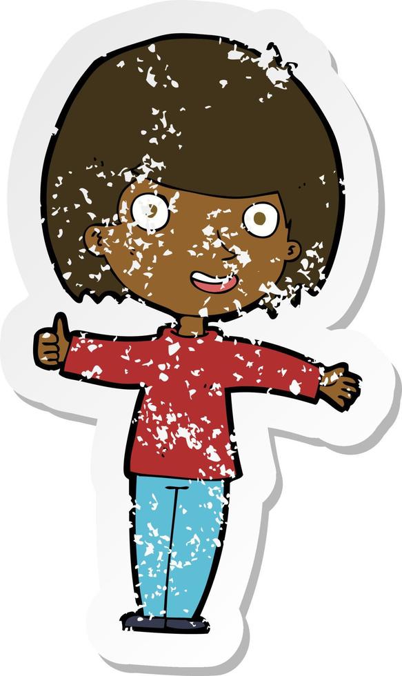 retro distressed sticker of a cartoon happy woman vector