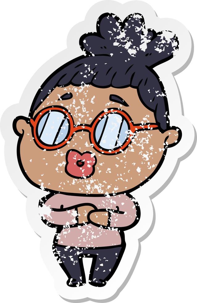 distressed sticker of a cartoon woman wearing spectacles vector