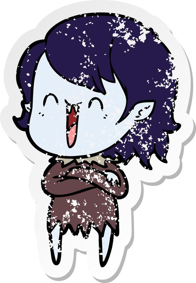 distressed sticker of a cute cartoon happy vampire girl vector