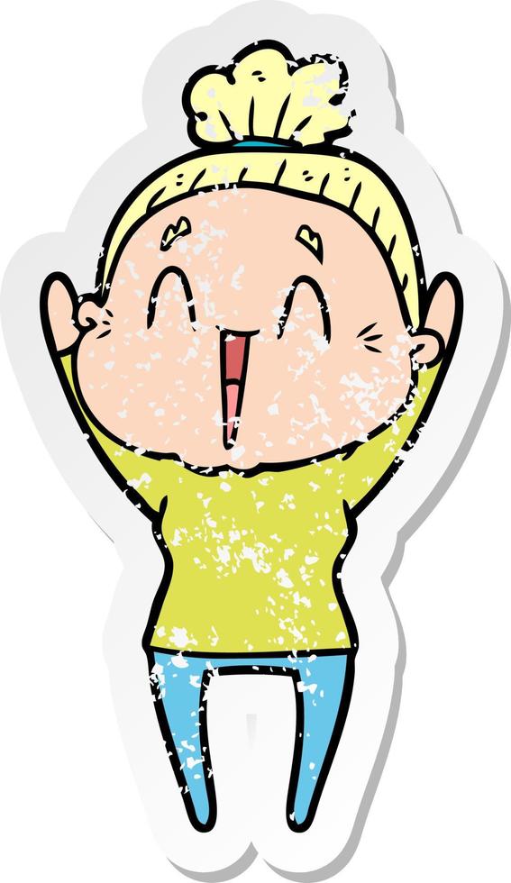 distressed sticker of a cartoon happy old lady vector