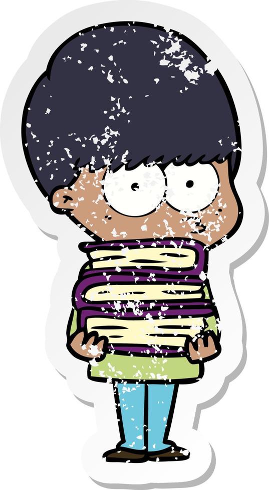 distressed sticker of a nervous cartoon boy carrying books vector