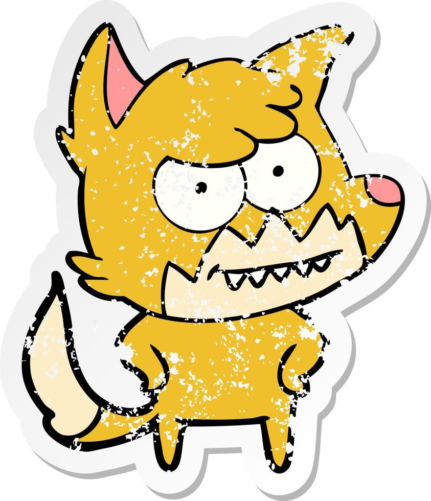 distressed sticker of a cartoon grinning fox vector