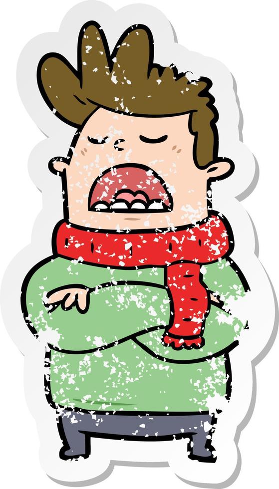 distressed sticker of a cartoon obnoxious man vector