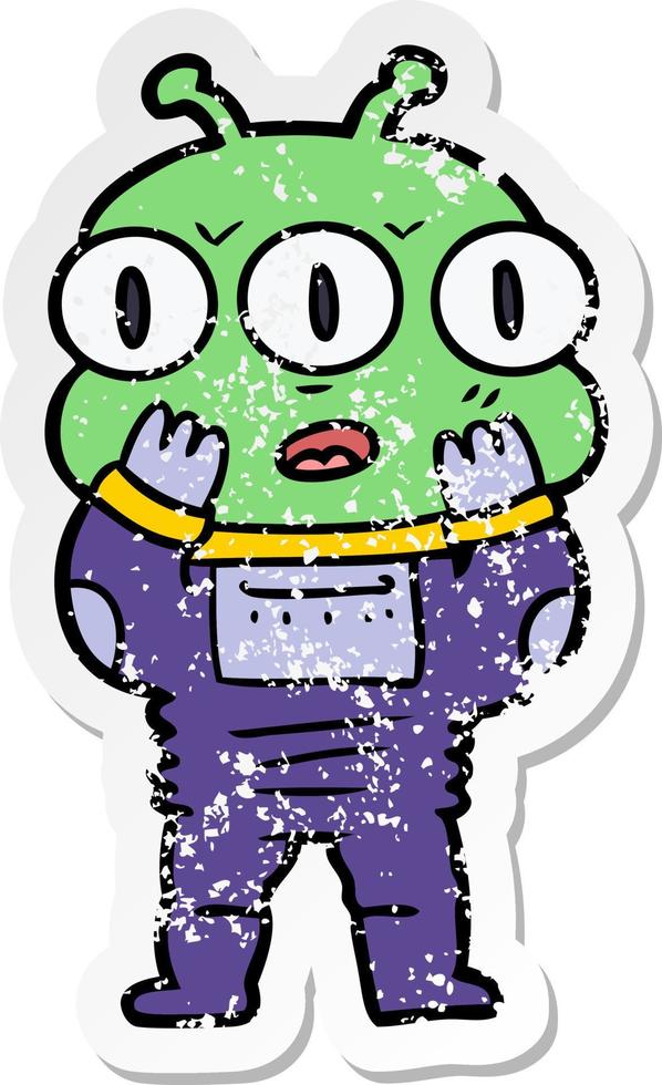 distressed sticker of a surprised three eyed alien vector