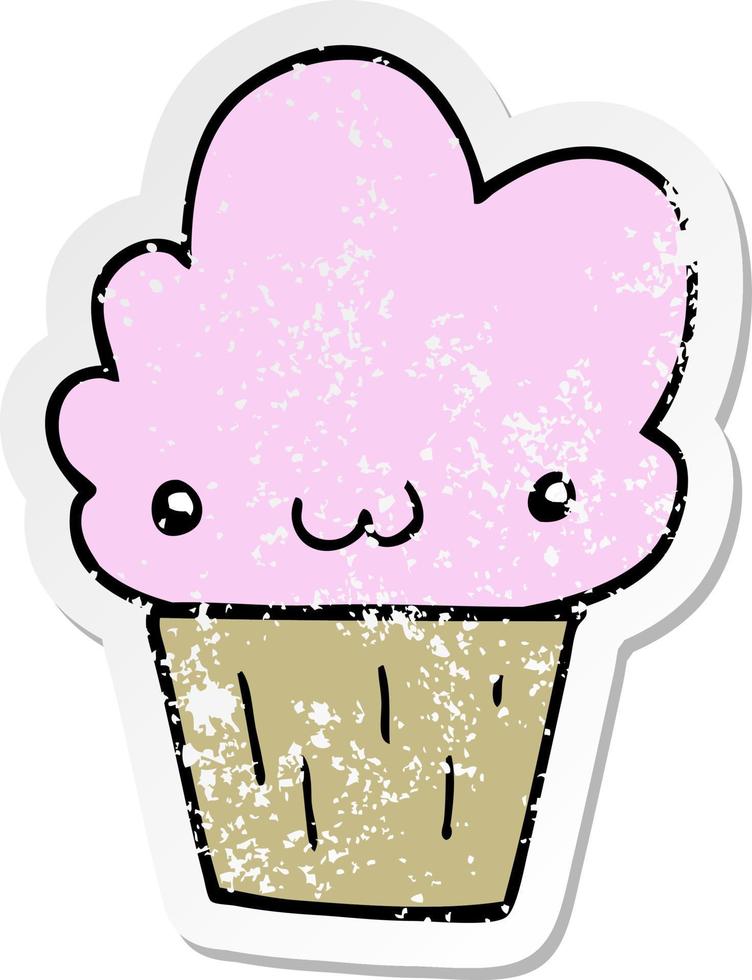 distressed sticker of a cartoon cupcake with face vector