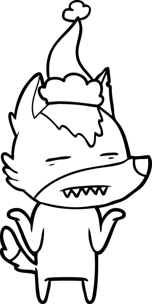 line drawing of a wolf showing teeth wearing santa hat vector