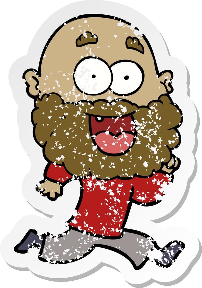 distressed sticker of a cartoon crazy happy man with beard running vector