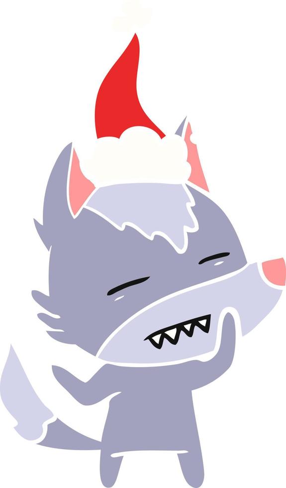 flat color illustration of a wolf showing teeth wearing santa hat vector