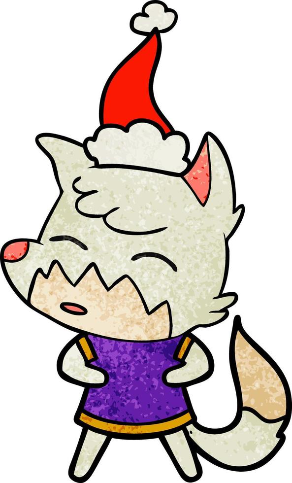 textured cartoon of a fox wearing santa hat vector