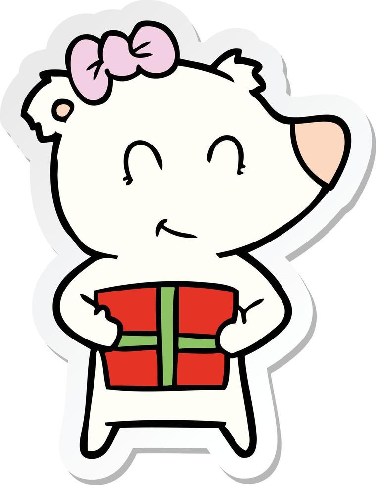 sticker of a female polar bear with christmas present vector