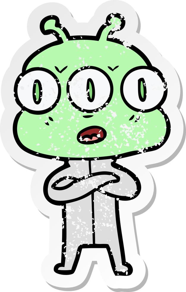 distressed sticker of a cartoon three eyed alien vector