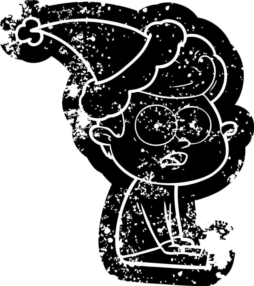 cartoon distressed icon of a staring man wearing santa hat vector