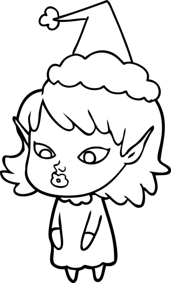 line drawing of a elf girl with pointy ears wearing santa hat vector