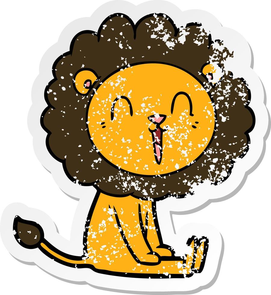 distressed sticker of a laughing lion cartoon sitting vector