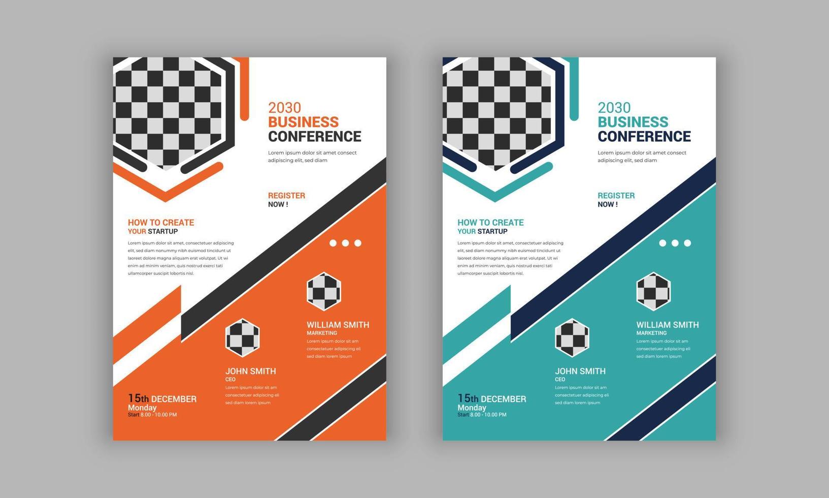 folleto de conferencia de negocios moderno y folleto de conferencia de seminario web en línea o plantilla de diseño de póster. vector