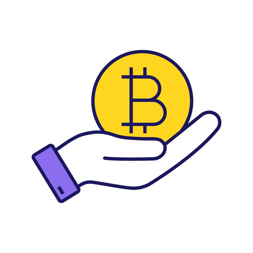 Open hand with bitcoin coin color icon. Buying or selling bitcoin. Cryptocurrency. Isolated vector illustration