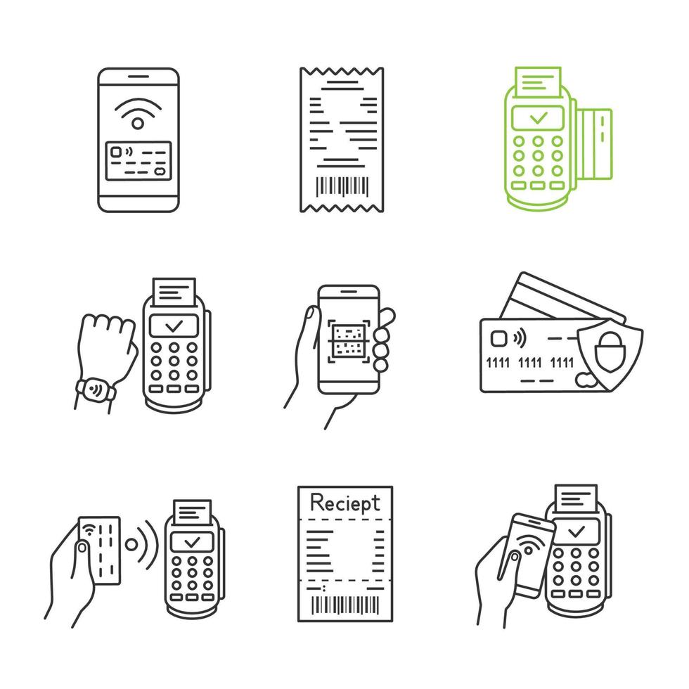 NFC payment linear icons set. Pay with smartphone and credit card, cash receipt, POS terminal, QR code scanner, NFC smartwatch. Thin line. Isolated vector outline illustrations. Editable stroke