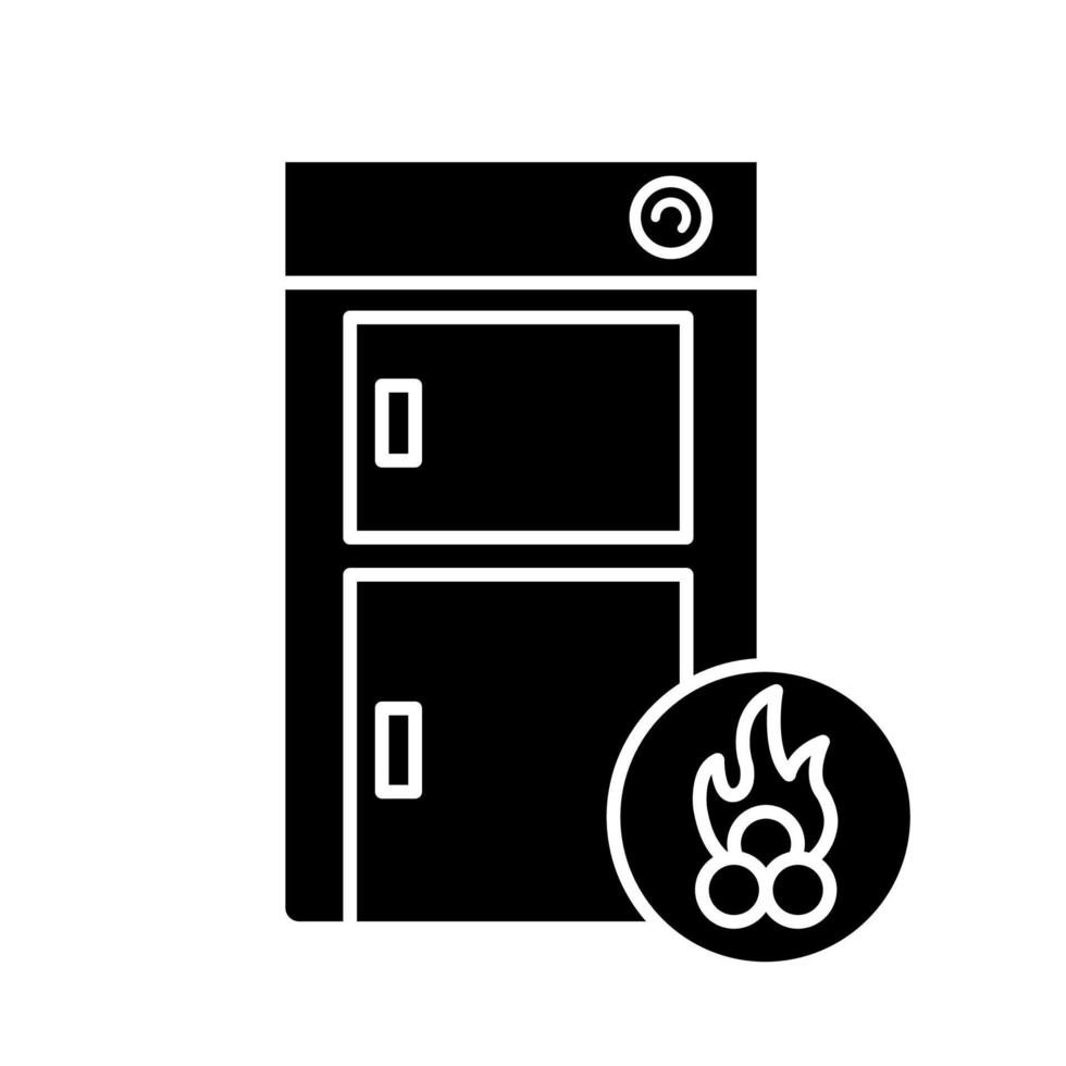 Solid fuel boiler glyph icon. House central heater. Firewood boiler. Heating system. Silhouette symbol. Negative space. Vector isolated illustration