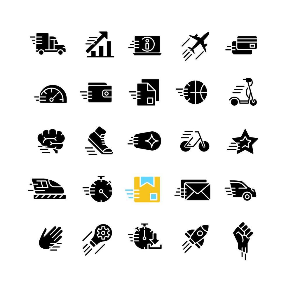 Motion black glyph icons set on white space. Motor vehicle. Sport activity. Dynamic movement. Quick acceleration. Silhouette symbols. Solid pictogram pack. Vector isolated illustration