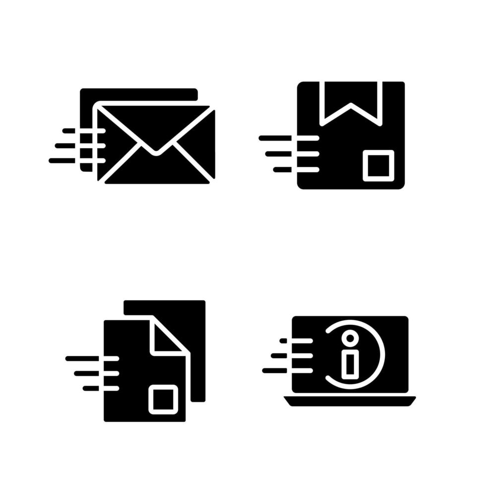 Information transmission black glyph icons set on white space. Letter and parcel delivery. Digital data. Dynamic movement. Silhouette symbols. Solid pictogram pack. Vector isolated illustration