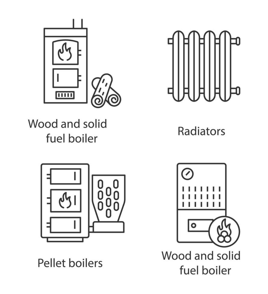 conjunto de iconos lineales de calefacción. radiador, caldera de leña y pellets, calentador de combustibles sólidos. símbolos de contorno de línea delgada. ilustraciones aisladas de contorno vectorial. trazo editable vector