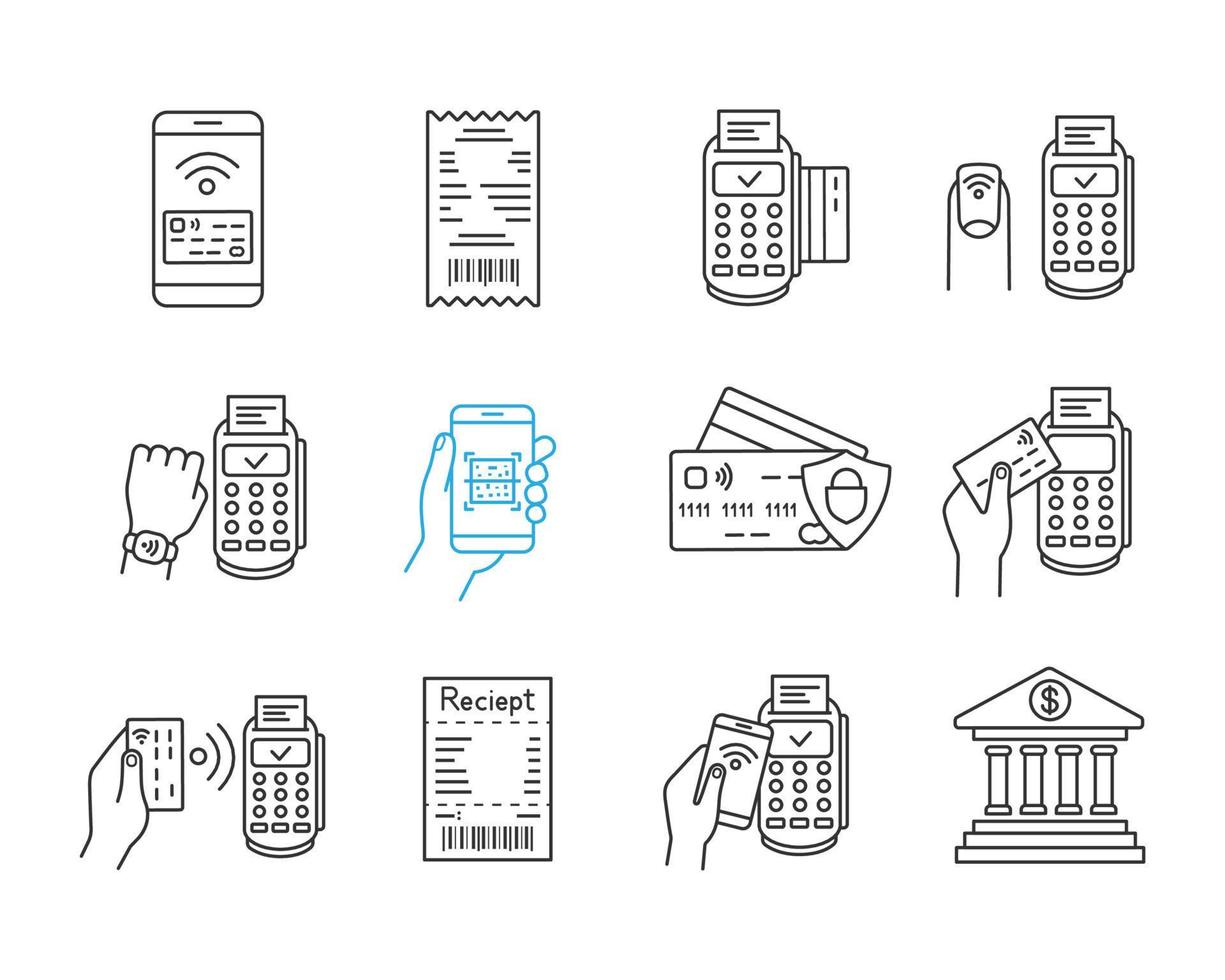 NFC payment linear icons set. Electronic money. Cashless and contactless payments. Digital purchase. Online banking. Thin line contour symbols. Isolated vector outline illustrations. Editable stroke