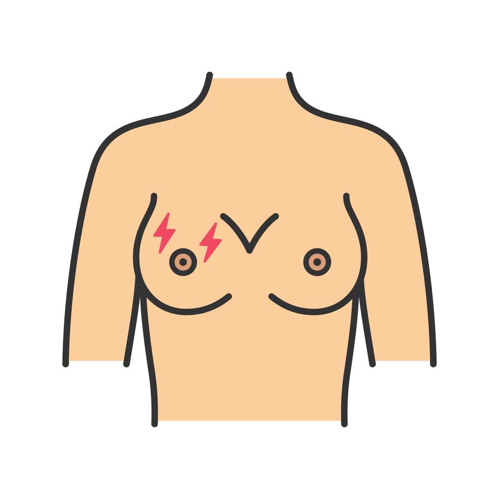 Breast pain color icon. Mastalgia. Lactation, menstruation or pregnancy acute pain. Discomfort and tenderness. Breast cancer symptom. Isolated vector illustration