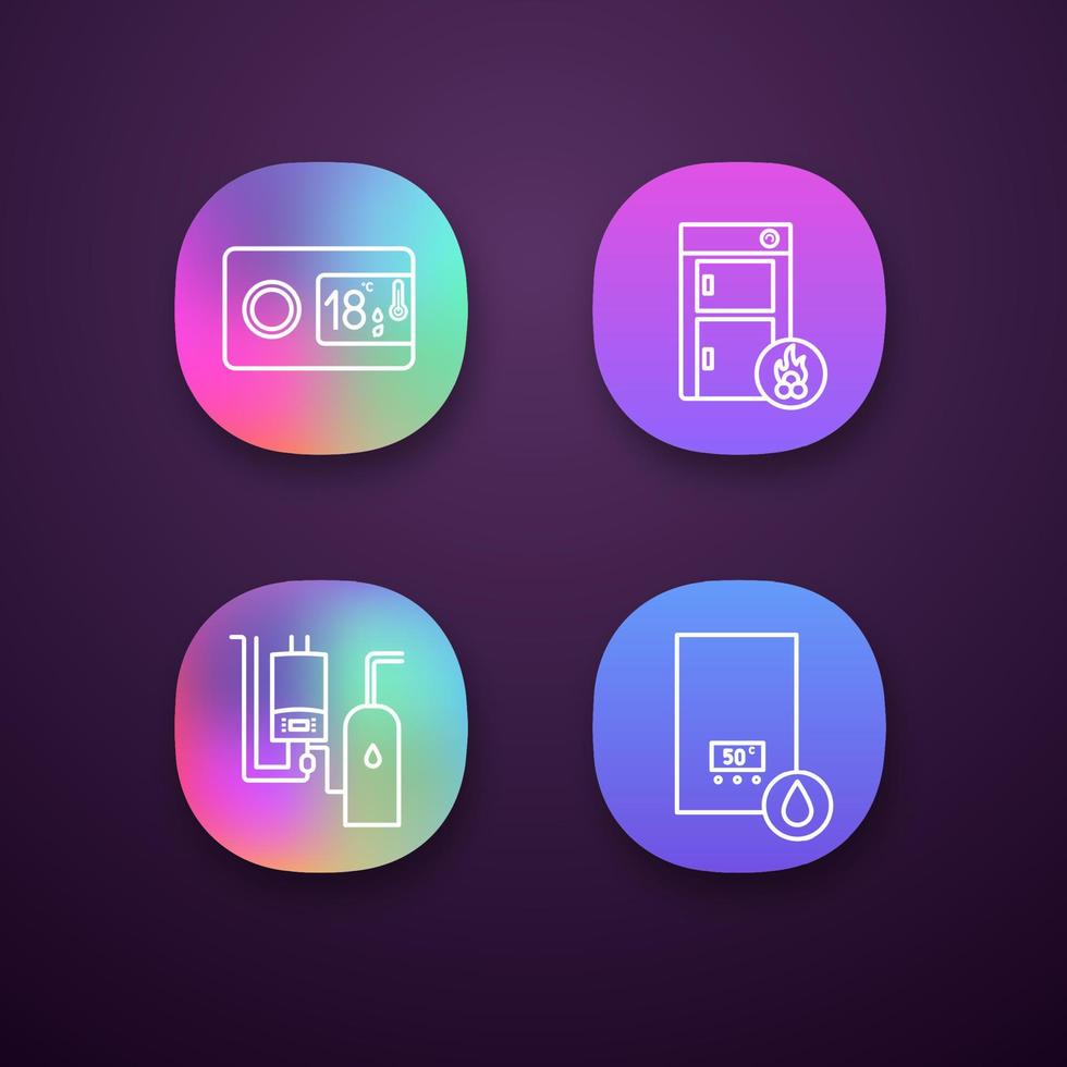 conjunto de iconos de aplicaciones de calefacción. interfaz de usuario ui ux. termostato digital, caldera de combustibles sólidos, cuarto de calderas, termo eléctrico. aplicaciones web o móviles. Ilustraciones de vectores aislados