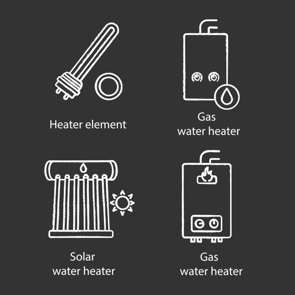 Heating chalk icons set. Electric and gas water heaters, heating boiler, industrial water heater. Isolated vector chalkboard illustrations