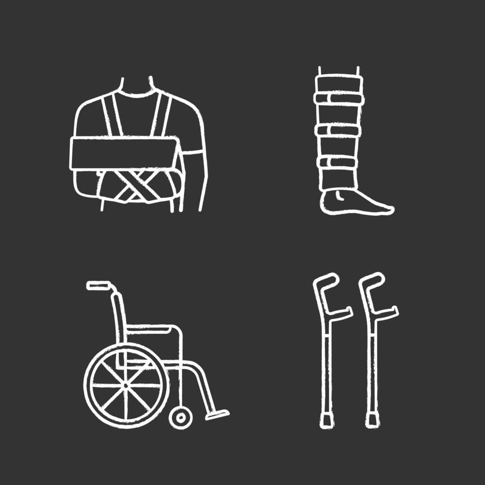 Trauma treatment chalk icons set. Shoulder immobilizer, shin brace, wheelchair, elbow crutches. Isolated vector chalkboard illustrations